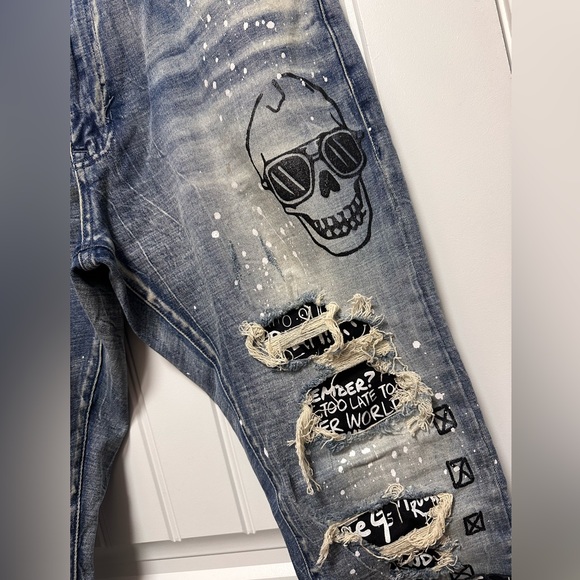 Smoke Rise Denim Distressed Paint Splatter Rip & Repair 36/32 - Picture 3 of 9